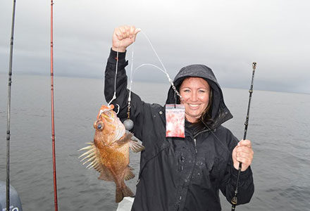 Female guest holds up her rockfish catch on the line.