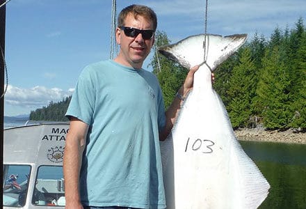 Guests stands next to his hanging 103 pound halibut catch.