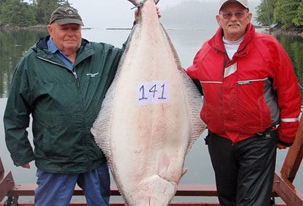 Two guests stand with 141 pound halibut catch.