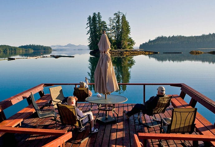Guests enjoy the deck at the lodge.